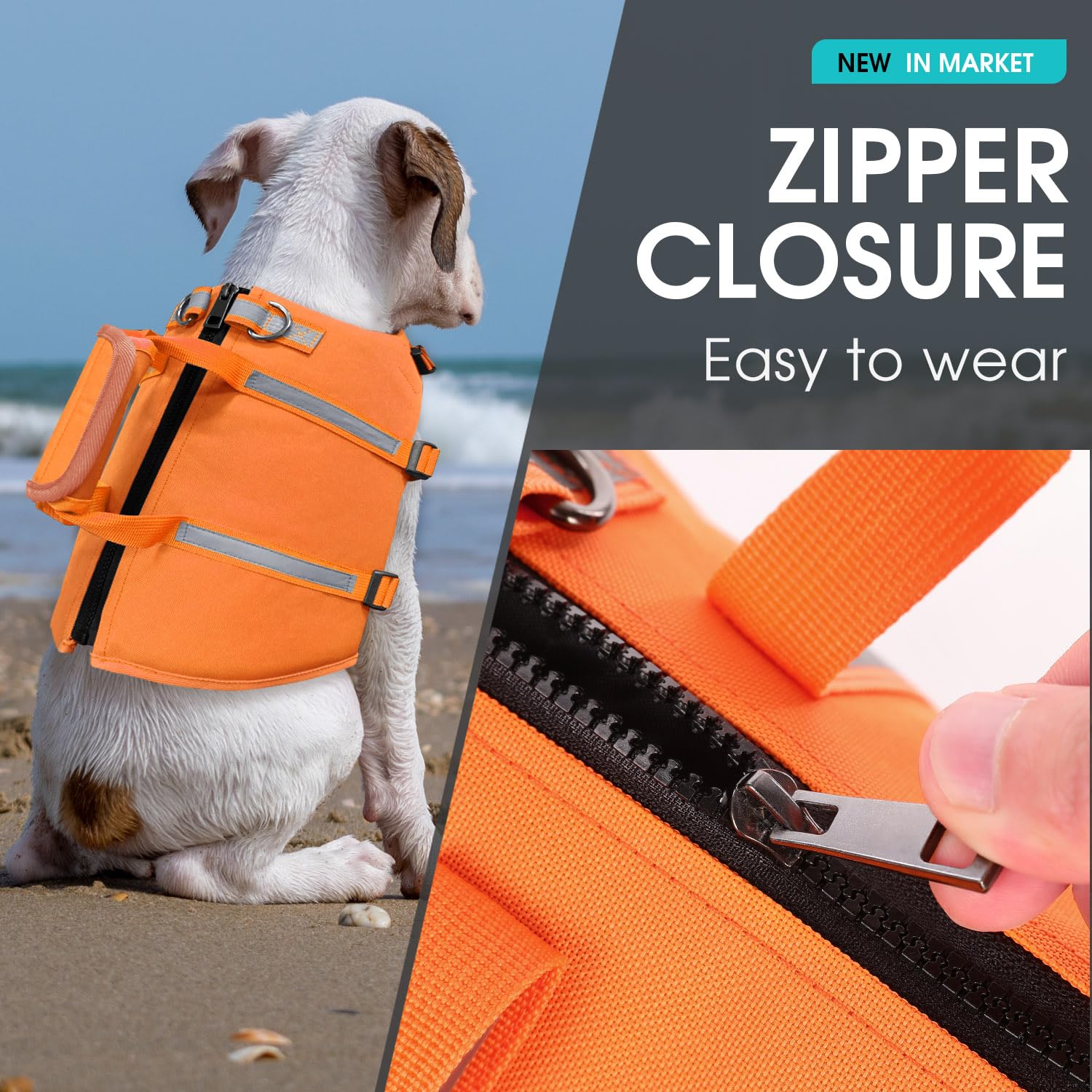 Queenmore Dog Life Jacket - Adjustable Swim Vest With Rescue Handle, Zipper (Orange, M)